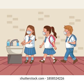 covid preventive at school scene with students washing hands vector illustration design