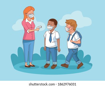 Covid Preventive At School Scene With Students Boys And Teacher Vector Illustration Design