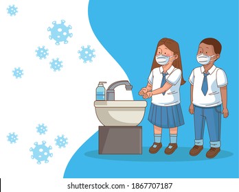 covid preventive at school scene with students couple washing hands vector illustration design