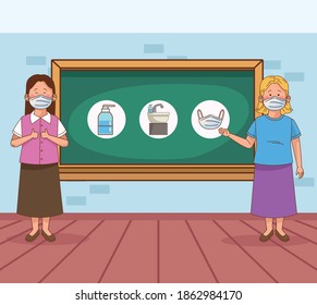 covid preventive at school scene with teachers in classroom vector illustration design