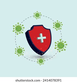 Covid protection concept. Protection shield in red colour with a plus sign surrounded by corona cells in green colour. Protection measures from covid. Safety measures for new covid variants. 