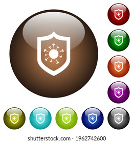 Covid protection white icons on round glass buttons in multiple colors