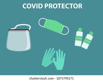 Covid protector with face mask, hand sanitizer, gloves, and face shield to prevent coronavirus