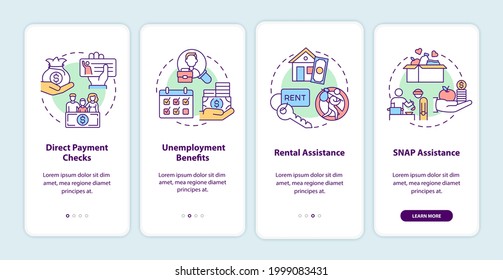 Covid Relief Package Benefits Onboarding Mobile App Page Screen With Concepts. Aid For Businesses Walkthrough 4 Steps Graphic Instructions. UI Vector Template With RGB Color Illustrations