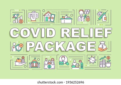 Covid Relief Package Word Concepts Banner. Decreasing Taxes During Covid. Infographics With Linear Icons On Green Background. Isolated Typography. Vector Outline RGB Color Illustration