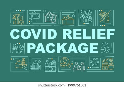 Covid Relief Package Word Concepts Banner. Decreasing Taxes For Business During Covid. Infographics With Linear Icons On Green Background. Isolated Typography. Vector Outline RGB Color Illustration