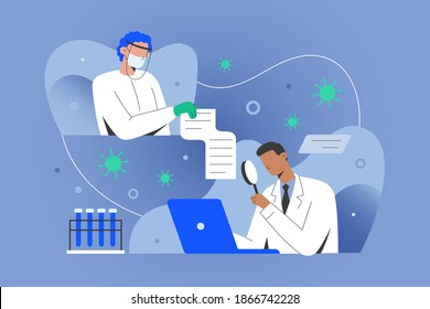 Covid Research Concept, Medical Doctors Sharing Data With Scientisists Working On Antiviral Coronavirus Remedy, Developing Vaccine. Medical Doctor In Gown In Laboratory Using Computer.