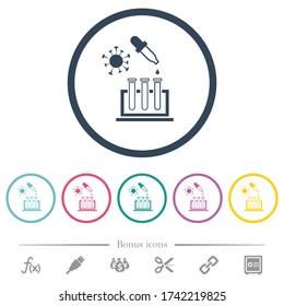 Covid research flat color icons in round outlines. 6 bonus icons included.