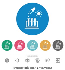 Covid research flat white icons on round color backgrounds. 6 bonus icons included.