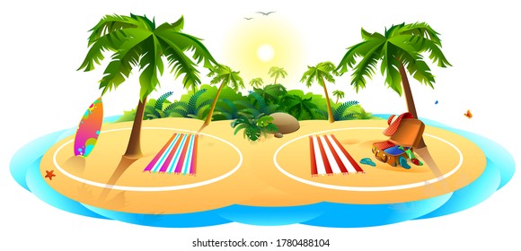 Covid safe beach for summer holidays. Sea, palm trees, sand is safe place to rest. Vector cartoon illustration