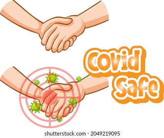 Covid Safe font in cartoon style with hands holding together isolated illustration