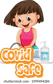 Covid Safe font design with a girl washing her hands on white background illustration