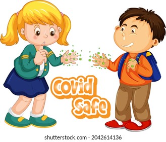 Covid Safe font design with two kids show their dirty hands on white background illustration