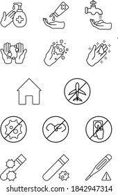 Covid safe icon Prevention line icons set isolated on white. outline symbols Coronavirus Covid 19 pandemic banner. Quality design elements mask, gloves, distance, wash disinfect hands, stay home with