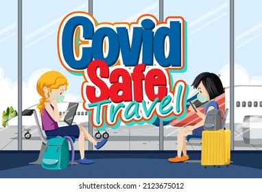 Covid Safe Travel Logo Banner With Passengers Waiting For Boarding Illustration