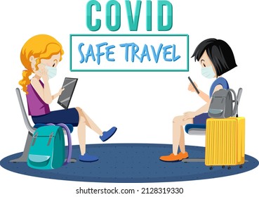 Covid Safe Travel Logo Banner With Passengers Waiting For Boarding Illustration