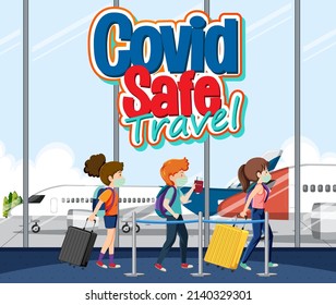 Covid Safe Travel Logo With Passengers In Terminal Airport  Illustration