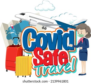 Covid Safe Travel typography design with flight attendant illustration