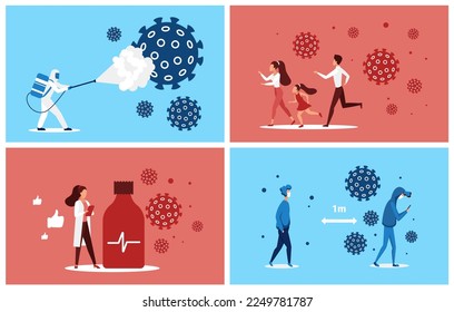 Covid safety measures. Health protection, keep social distance, virus disinfection vector illustration