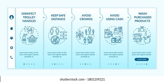 Covid safety in shop onboarding vector template. Avoid crowd, using cash. Make electronic payments. Responsive mobile website with icons. Webpage walkthrough step screens. RGB color concept