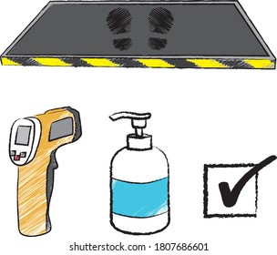 
Covid sanitizing items such as footbath, thermometer and alcohol gel