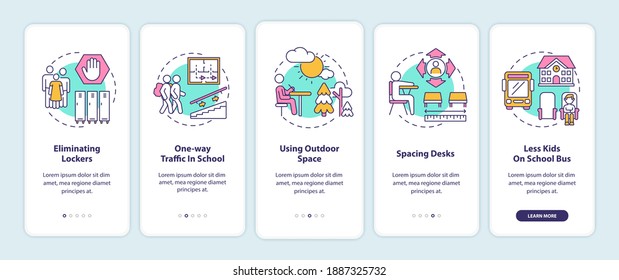 Covid school safety rules onboarding mobile app page screen with concepts. Eliminating lockers, outdoor space walkthrough 5 steps graphic instructions. UI vector template with RGB color illustrations