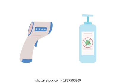 Covid Selfcare Items Flat Color Vector Objects Set. Sanitazers To Clean Hands From Germs. Measuring Temperature. Covid Isolated Cartoon Illustration For Web Graphic Design And Animation