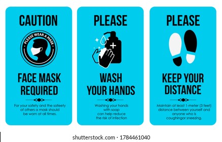 COVID Sign Poster Templates. Face mask required. Please Wash your hands. Keep your distance. For the bathroom, toilet, where a lot of people gather