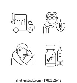 Convierta el conjunto de iconos lineales de prevención de propagación. Distribución de la vacuna. Inmunización de pacientes ancianos. Símbolos de contorno de línea delgada personalizables. Ilustraciones aisladas del contorno vectorial. Trazo editable