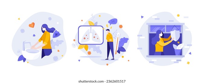  Covid propagar la prevención de imágenes de vectores de concepto plano conjunto. Evitar la enfermedad pulmonar con composición de dibujos animados sobre higiene personal. Cuidado con los síntomas del coronavirus idea para sitio web, móvil, presentación