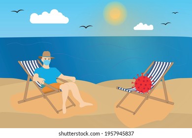 Covid summer concept.  Character tourist wearing a mask at the sea with coronavirus in a chaise flat vector illustration.  New normal.
