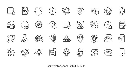 Prueba de Covid, paquete de iconos de línea de consultores de Article and Support. AI, Pregunta y respuesta, Iconos de pin de mapa. Anuncio de la vacuna, teléfono 5g, icono web de gestión del tiempo. Vector