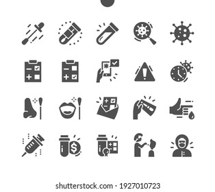 Covid Test. COVID-19 Nasal Swab Laboratory Test. Negative And Positive Test Result By Using Rapid Test Device For Corona Virus. Vector Solid Icons. Simple Pictogram