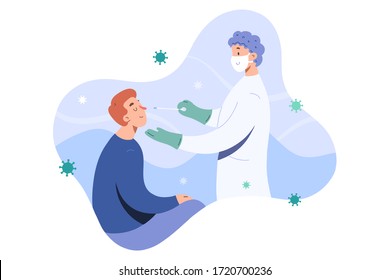Covid test, doctor collects nose mucus by swab sample for covid-19 infection, patient being tested, lab analysis, medical checkup, flat cartoon vector illustration, friendly doctor in face mask - Shutterstock ID 1720700236