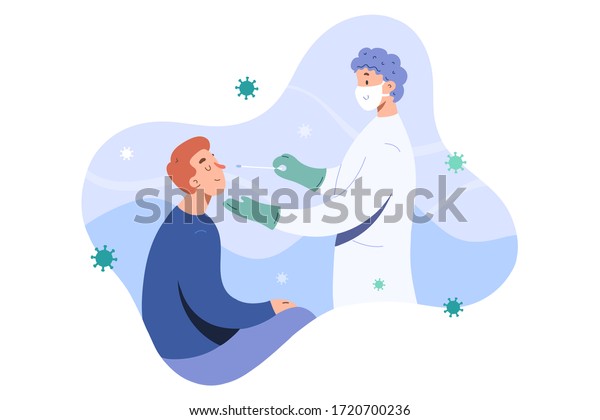 Covid test, doctor collects nose mucus by swab\
sample for covid-19 infection, patient being tested, lab analysis,\
medical checkup, flat cartoon vector illustration, friendly doctor\
in face mask