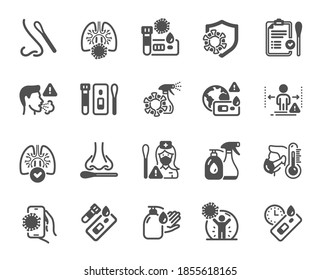 Covid Test Icons. Nasal Swab, Blood Testing, Waiting Time. Social Distance, Hand Sanitizer, Rapid Antigen Test Icons. Coronavirus Protection, Pneumonia Virus. Nose With Cotton Swab. Vector