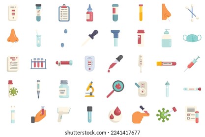 Covid Testsymbole setzen einen flachen Vektor. Koronenprävention. Coronavirus-Kit einzeln