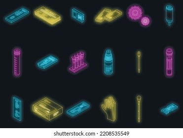 Covid Test Icons Set. Isometric Set Of Covid Test Vector Icons Neon Color On Black