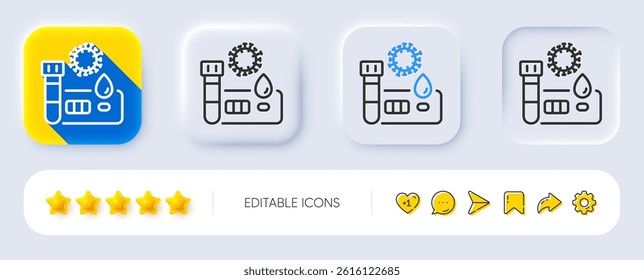 Covid test line icon. Neumorphic, Flat shadow, 3d buttons. Coronavirus testing sign. Blood test tube symbol. Line covid test icon. Social media icons. Vector