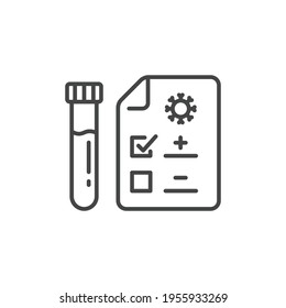 Icono de la línea de prueba. Estilo de contorno simple. Resultado positivo del virus de la corona, negativo, rápido, plasma, investigación, concepto médico. Ilustración vectorial aislada en fondo blanco. EPS 10.