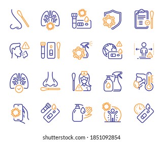 Covid Test Line Icons. Nasal Swab, Blood Testing, Waiting Time. Social Distance, Hand Sanitizer, Rapid Antigen Test Icons. Coronavirus Protection, Pneumonia Virus. Nose With Cotton Swab. Vector