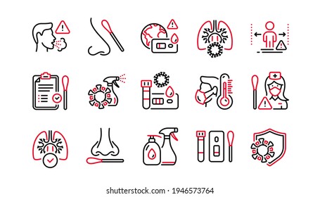 Covid Test Line Icons. Nasal Swab And Blood Testing. Social Distance, Hand Sanitizer, Rapid Antigen Test Icons. Coronavirus Protection, Pneumonia Virus. Nose With Cotton Swab. Linear Set. Vector