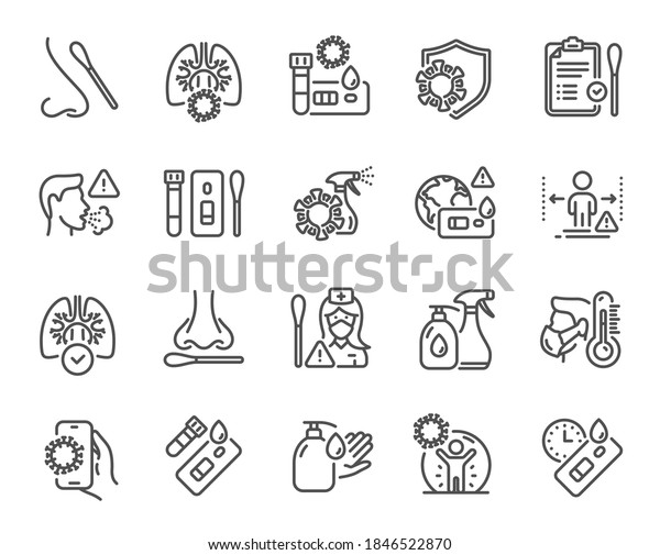 Covid Test line icons. Nasal swab, Blood testing,\
Waiting time. Social Distance, Hand Sanitizer, Rapid Antigen Test\
icons. Coronavirus protection, Pneumonia virus. Nose with cotton\
swab. Vector