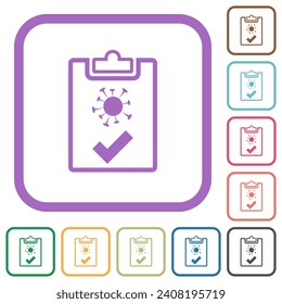 Prueba de vídeo codificada pasada contorno iconos simples en marcos cuadrados redondeados de color sobre fondo blanco