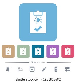 Covid test passed white flat icons on color rounded square backgrounds. 6 bonus icons included