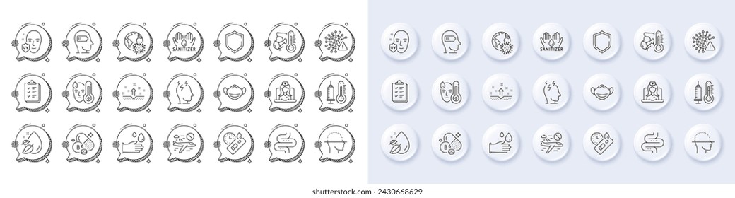 Covid-Test, Gummihandschuhe und UV-Schutzlinien-Symbole. Weiße Pin-3D-Tasten, Chatblasen-Symbole. Packung Gesichtsscannen, Thermometer, Checklisten-Symbol. Vektor