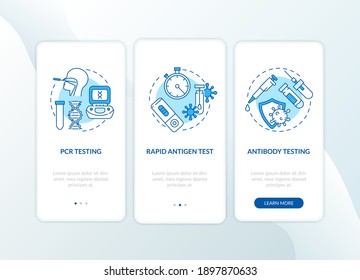 Covid testing types onboarding mobile app page screen with concepts. Antigen, antibody testing walkthrough 3 steps graphic instructions. UI vector template with RGB color illustrations