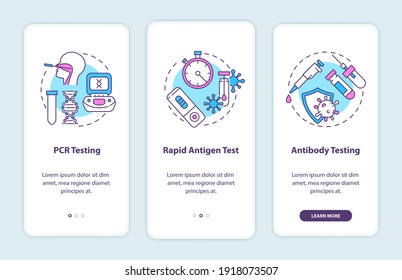 Covid testing types onboarding mobile app page screen with concepts. PCR testing, antibody testing walkthrough 3 steps graphic instructions. UI vector template with RGB color illustrations