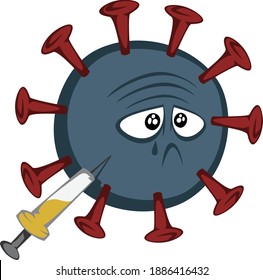 COVID times - A sad funny COVID-19 virus illustration got vaccined (cartoon style, white background, vector)