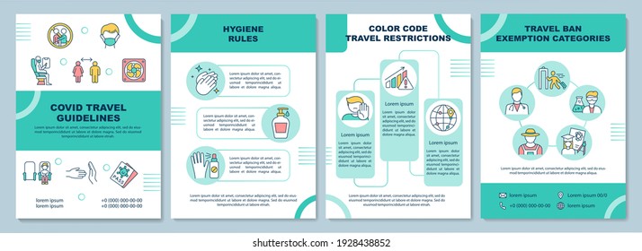 Covid Travel Guidelines Brochure Template. Social Distance Of Landing. Flyer, Booklet, Leaflet Print, Cover Design With Linear Icons. Vector Layouts For Magazines, Annual Reports, Advertising Posters